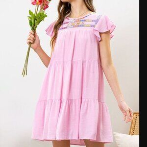Pink Tiered Embroidered Shift Dress